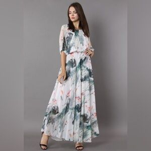 Elegant Watercolor Maxi Dress - White & Green